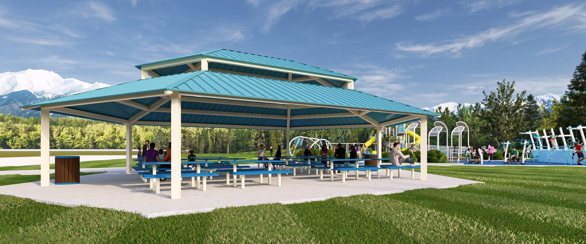 Replace with approved Salora image showing a community gathering space under a shelter
