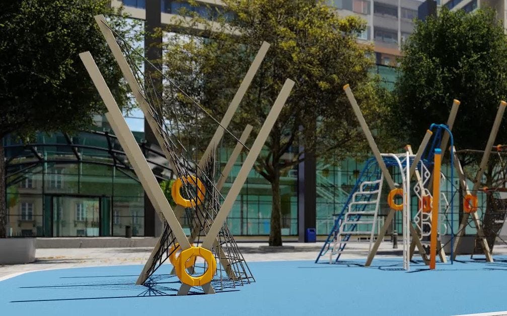Modern City M Series climber connected to playground components