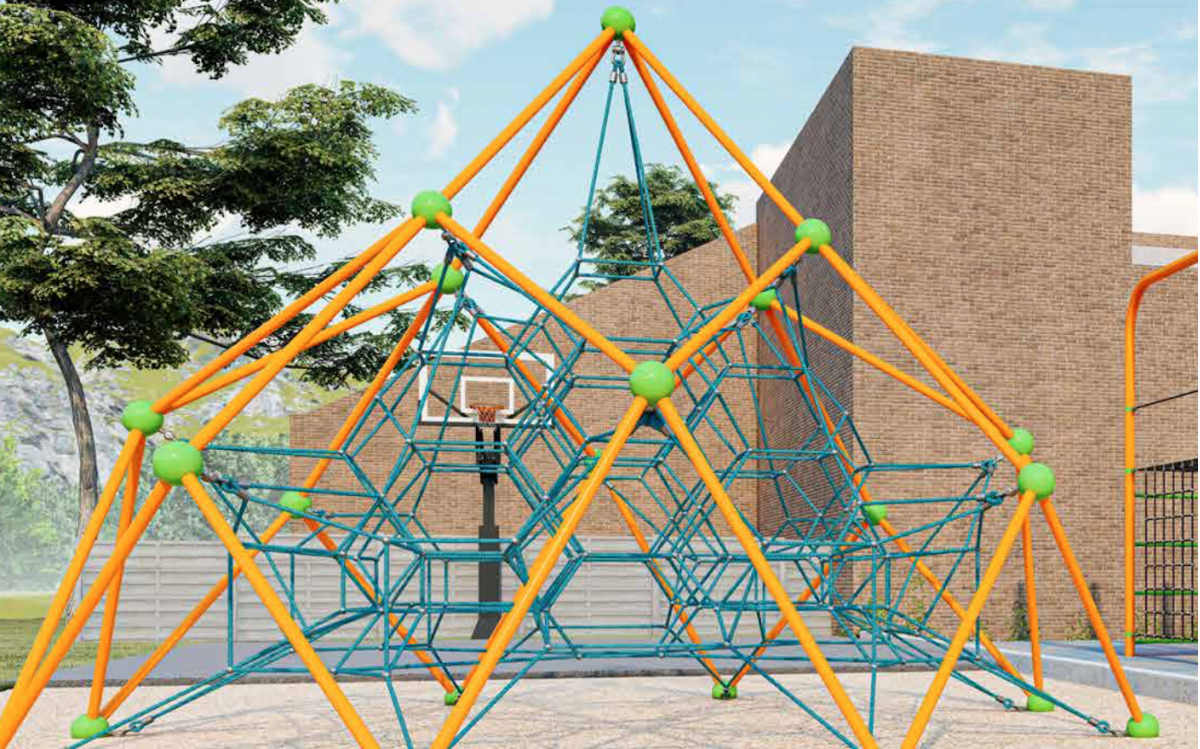 VistaStar rope climber with orange frame and teal netting