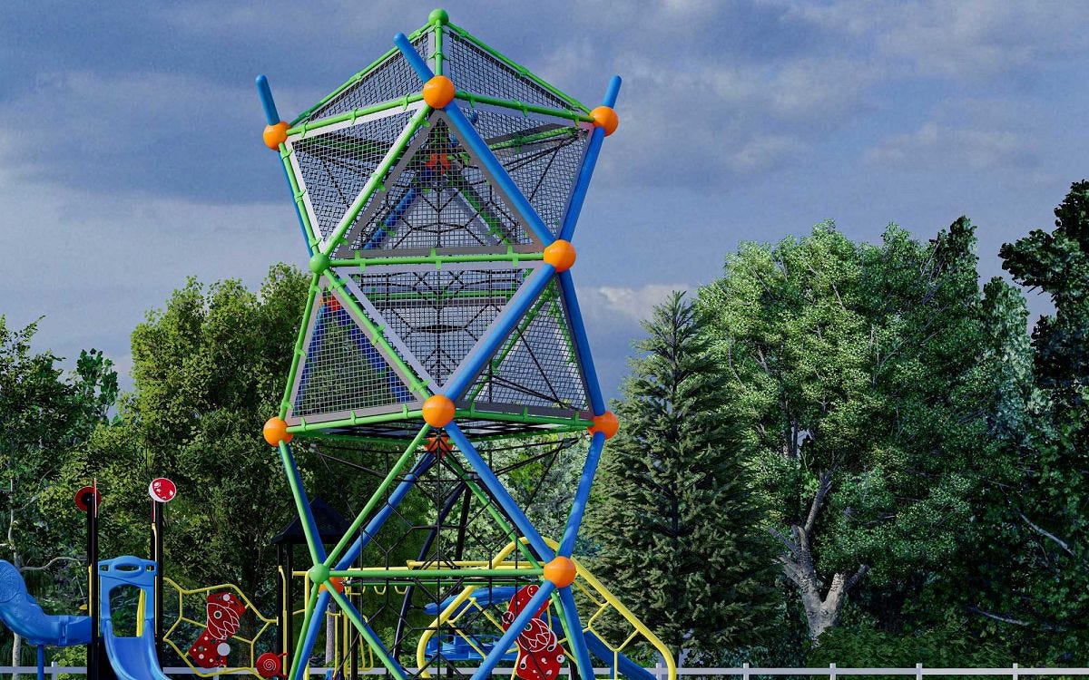 VistaTwist rope tower with colorful posts and climbing nets