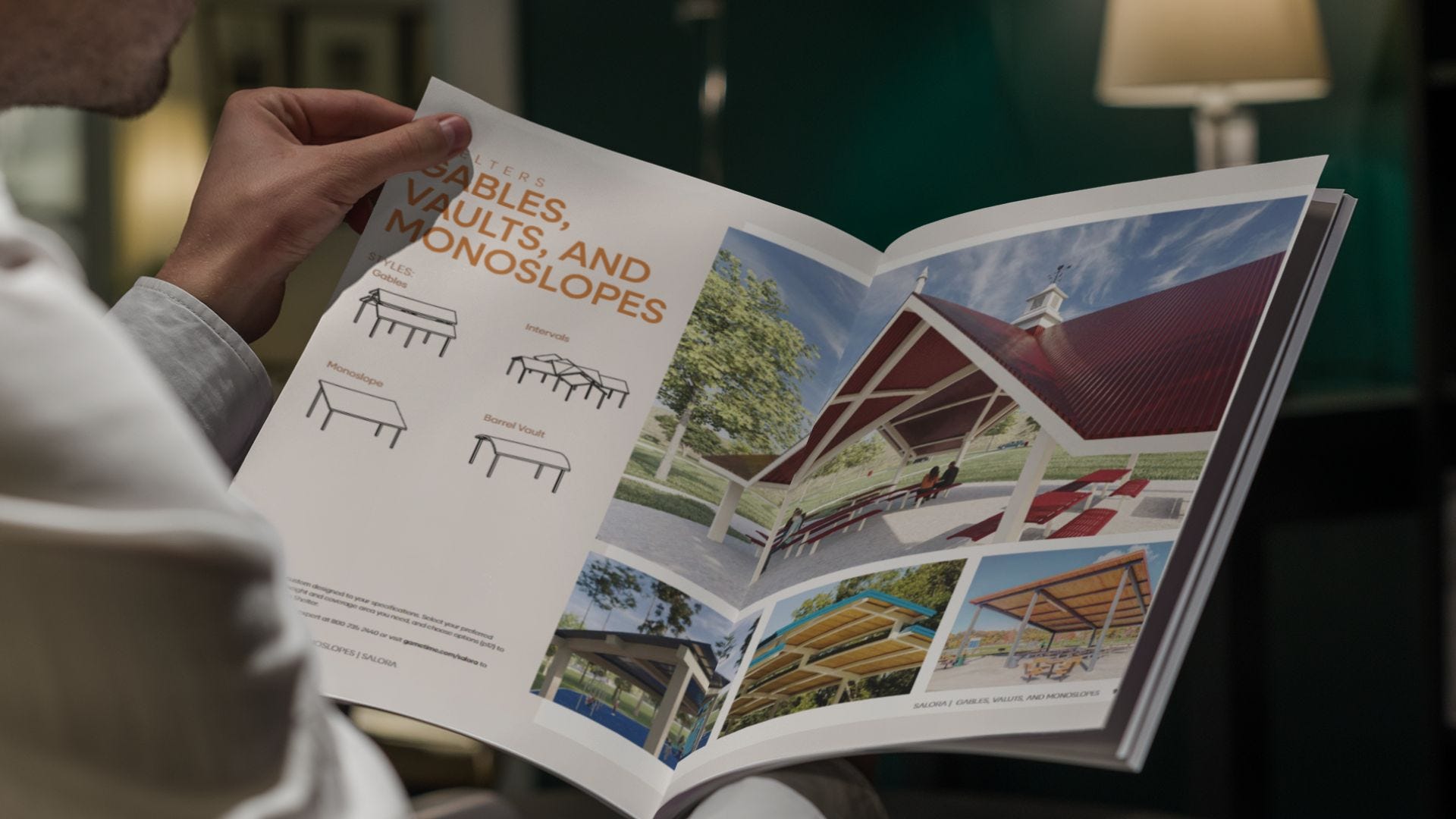 Replace with approved image of a completed Salora shelter in a park setting