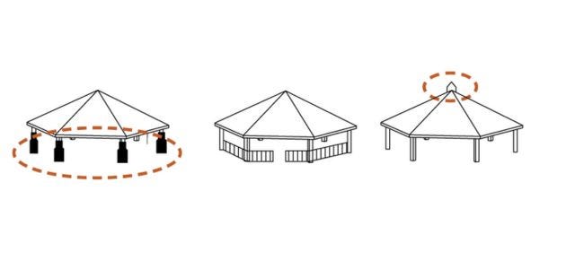 Shelter accessory options including columns, railings and roof details